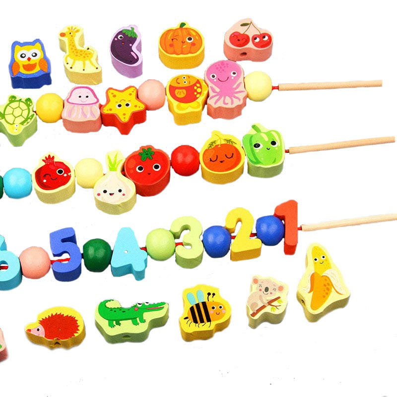 Kit de Contas de Madeira Montessori com Cordão – Brinquedo Educativo de Encaixe com Animais, Frutas, Letras e Números