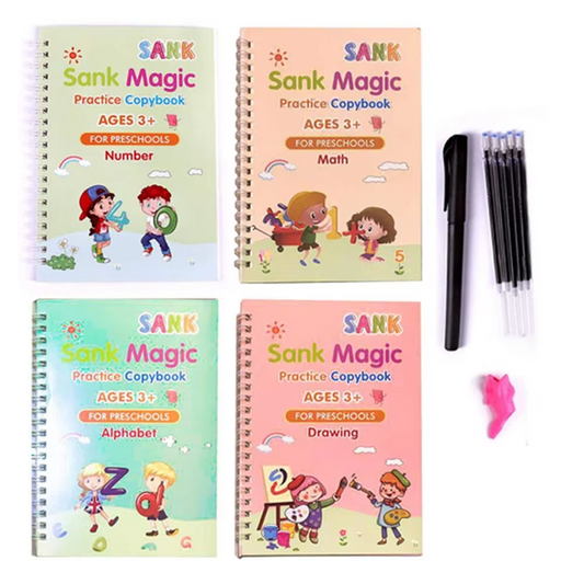 Kit 4 Livros de Escrita Mágica Infantil – Cadernos Reutilizáveis Montessori para Alfabeto, Números, Matemática e Desenho